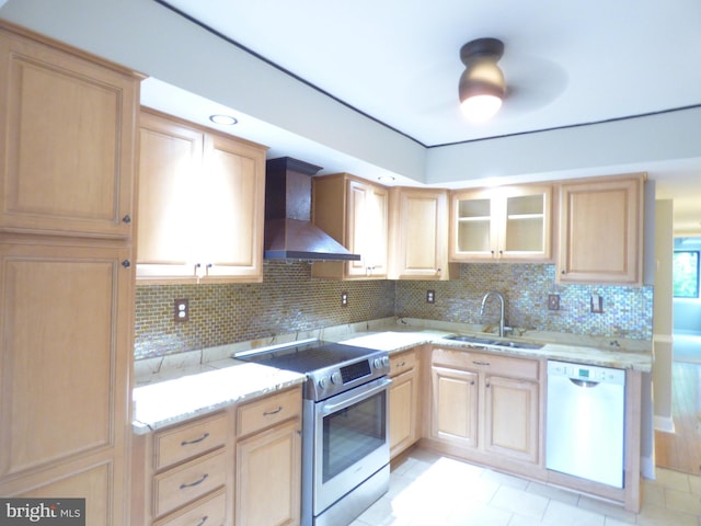 2216 Springwood Dr Unit 202, Reston, VA 20191 - kitchen featuring dishwasher, wall chimney range hood, stainless steel electric range, a sink, and light brown cabinets