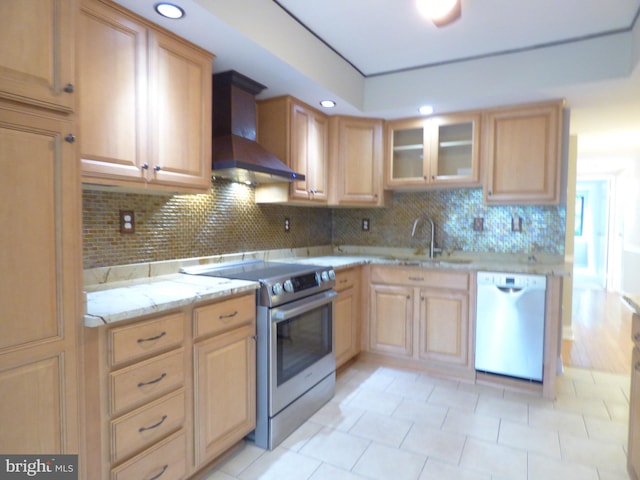 2216 Springwood Dr Unit 202, Reston, VA 20191 - kitchen featuring white dishwasher, stainless steel electric range oven, wall chimney range hood, a sink, and light brown cabinetry