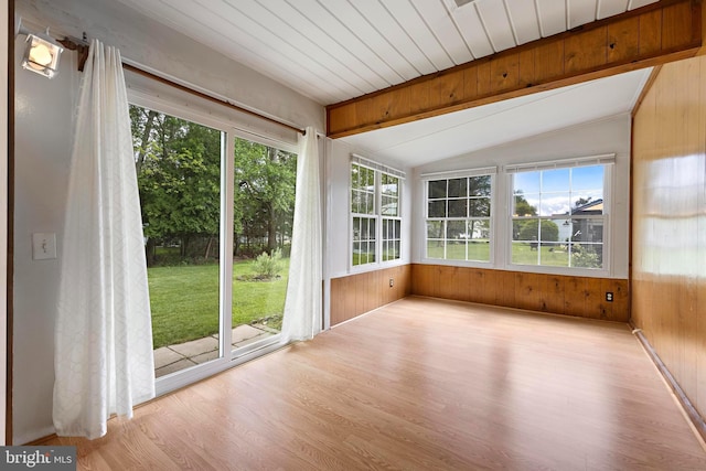 127 Mohican Ln, Little Egg Harbor Twp, NJ 08087 - unfurnished sunroom featuring healthy amount of natural light, vaulted ceiling, wood finished floors, and wooden walls