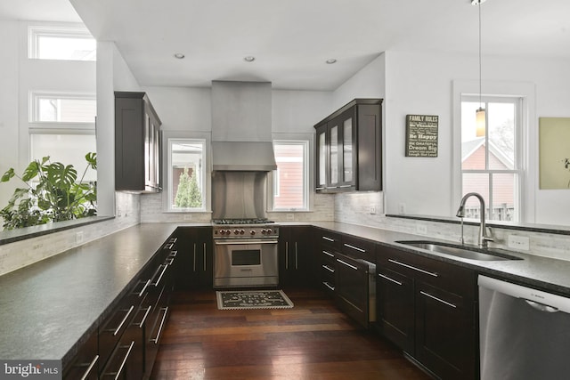 1713 N Wayne St, Arlington, VA 22201 - kitchen with appliances with stainless steel finishes, a sink, custom exhaust hood, dark wood-style floors, and plenty of natural light