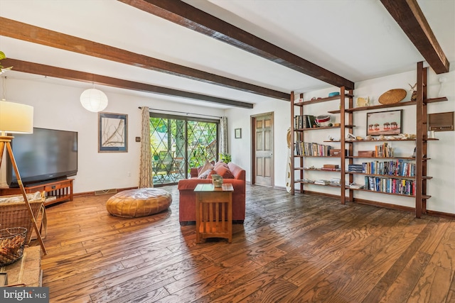 4499 Larchmont Ct, Dumfries, VA 22025 - living room featuring hardwood / wood-style floors, beamed ceiling, and baseboards