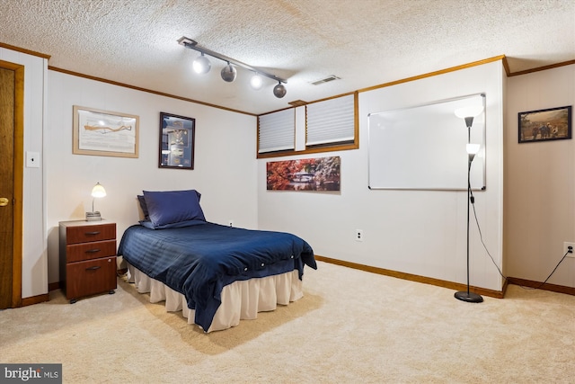 4499 Larchmont Ct, Dumfries, VA 22025 - bedroom featuring ornamental molding, light carpet, a textured ceiling, and baseboards