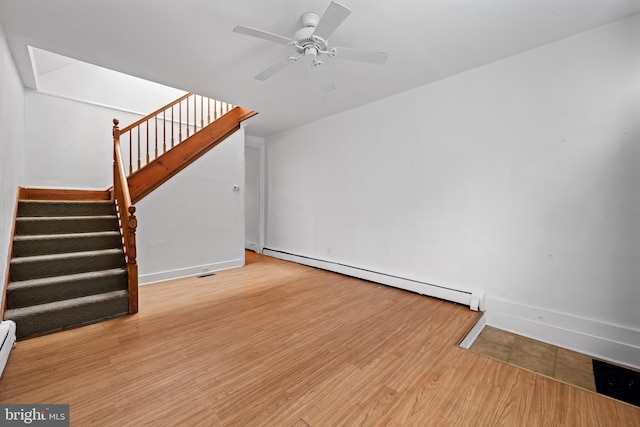 812 Powers St, Baltimore, MD 21211 - unfurnished living room with stairs, wood finished floors, baseboard heating, a ceiling fan, and baseboards