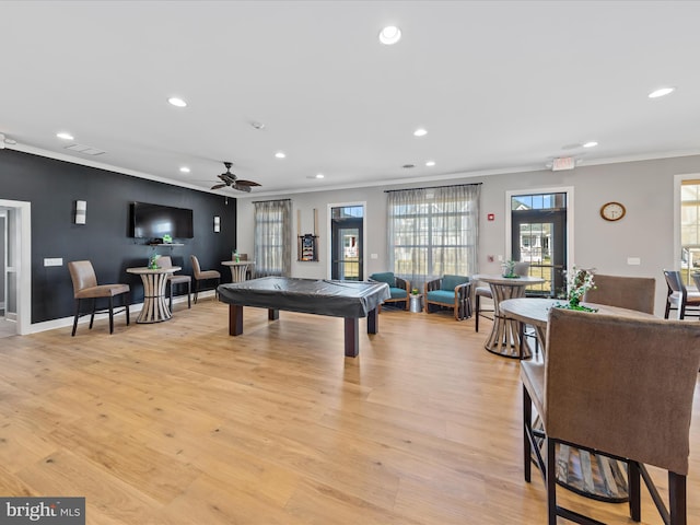 306 Prospect St, Milton, DE 19968 - playroom featuring crown molding, recessed lighting, billiards, light wood-style floors, and a ceiling fan