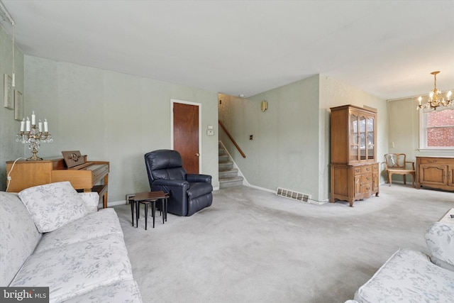 2904 Armstrong Ave, Secane, PA 19018 - living area with a chandelier, stairway, light colored carpet, and baseboards