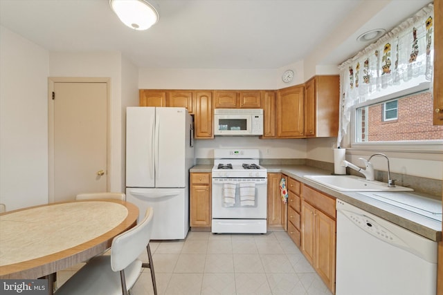 2904 Armstrong Ave, Secane, PA 19018 - kitchen with white appliances, a sink, light countertops, light tile patterned floors, and brown cabinetry
