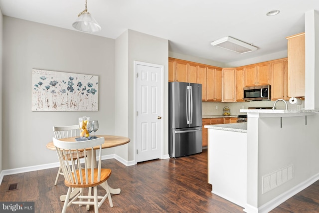 119 Fringetree Dr, West Chester, PA 19380 - kitchen with appliances with stainless steel finishes, a peninsula, dark wood-style flooring, baseboards, and recessed lighting