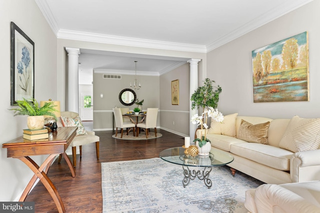 119 Fringetree Dr, West Chester, PA 19380 - living room featuring ornate columns, wood finished floors, ornamental molding, and baseboards