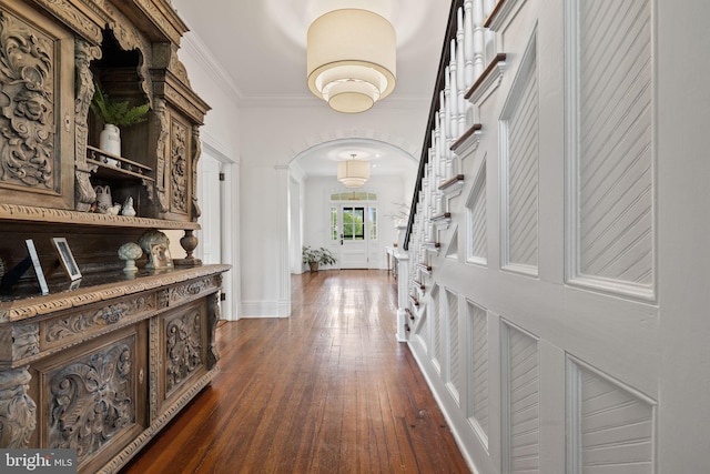 23350 Cedar Mountain Dr, Rapidan, VA 22733 - hall with dark wood-type flooring, crown molding, baseboards, and stairs