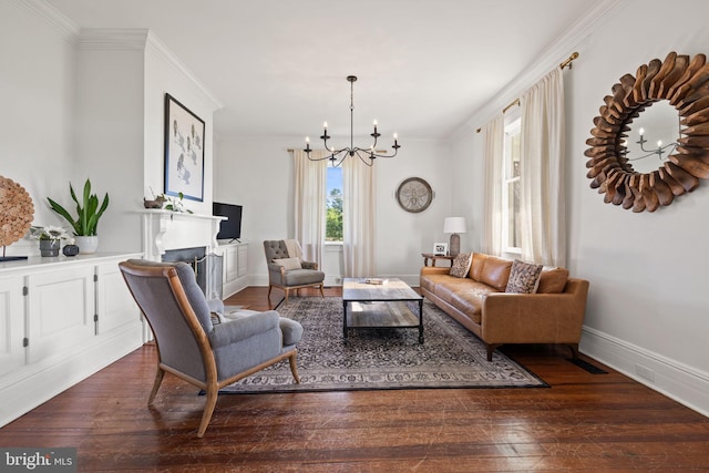 23350 Cedar Mountain Dr, Rapidan, VA 22733 - living area featuring a chandelier, hardwood / wood-style floors, ornamental molding, a fireplace, and baseboards