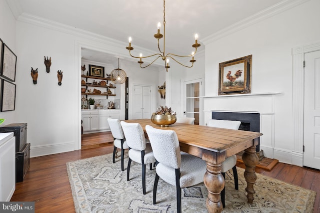 23350 Cedar Mountain Dr, Rapidan, VA 22733 - dining room with ornamental molding, dark wood-style flooring, a chandelier, a fireplace, and baseboards