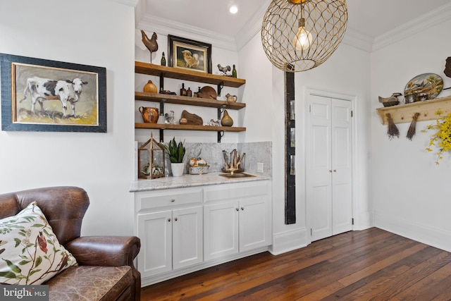 23350 Cedar Mountain Dr, Rapidan, VA 22733 - living area featuring dark wood-style floors, crown molding, baseboards, and recessed lighting