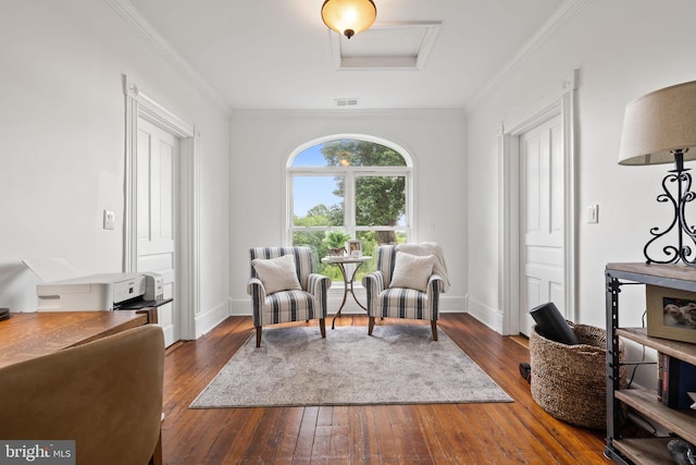 23350 Cedar Mountain Dr, Rapidan, VA 22733 - living area featuring attic access, wood-type flooring, ornamental molding, and baseboards