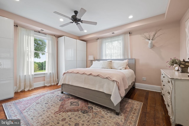 23350 Cedar Mountain Dr, Rapidan, VA 22733 - bedroom featuring baseboards, dark wood-style flooring, recessed lighting, and ceiling fan