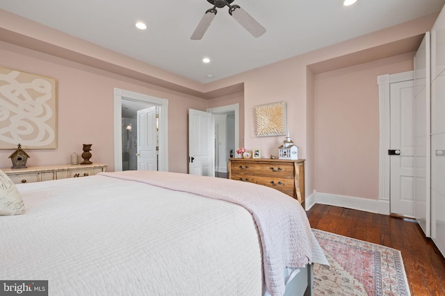 23350 Cedar Mountain Dr, Rapidan, VA 22733 - bedroom featuring dark wood finished floors, recessed lighting, baseboards, ceiling fan, and ensuite bath