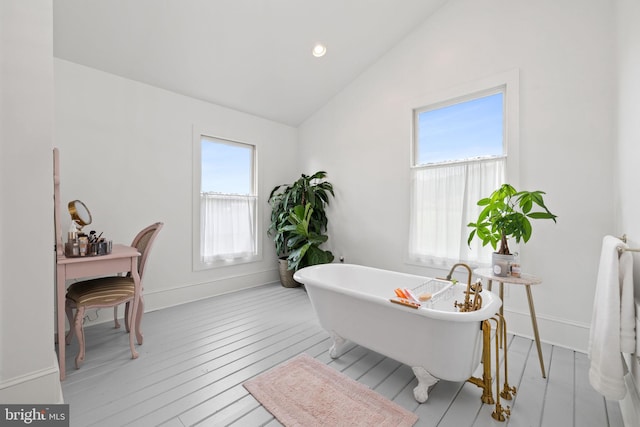23350 Cedar Mountain Dr, Rapidan, VA 22733 - full bath featuring lofted ceiling, a freestanding tub, baseboards, and recessed lighting
