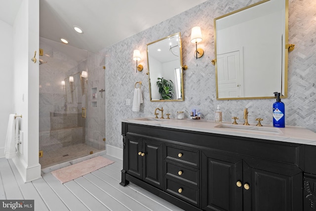 23350 Cedar Mountain Dr, Rapidan, VA 22733 - full bath with double vanity, tiled shower, baseboards, recessed lighting, and wood finished floors