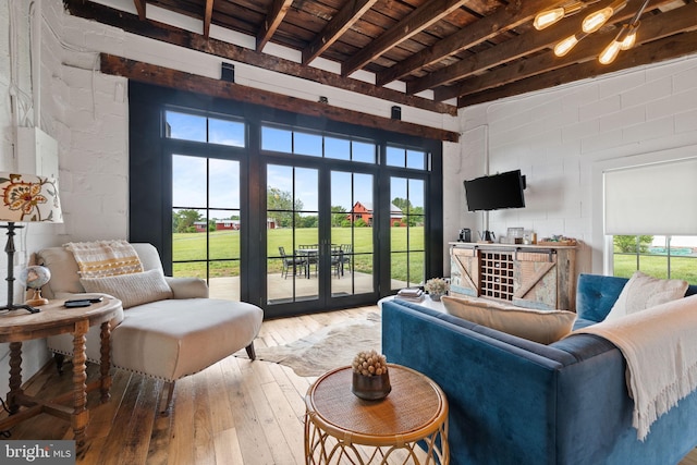 23350 Cedar Mountain Dr, Rapidan, VA 22733 - living area featuring light wood-style flooring, wood ceiling with exposed beams, and concrete block wall