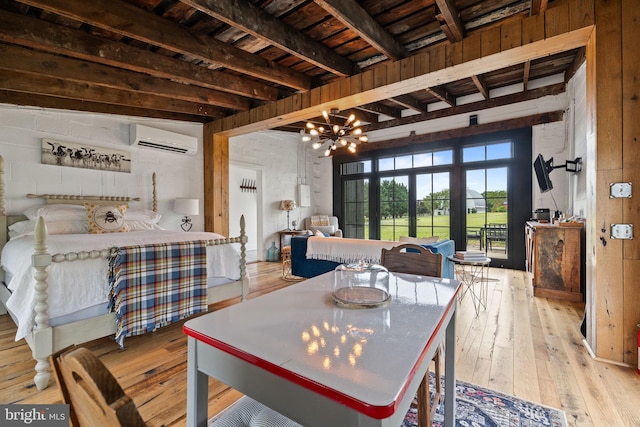 23350 Cedar Mountain Dr, Rapidan, VA 22733 - dining space featuring a wall mounted AC, hardwood / wood-style flooring, wood ceiling with exposed beams, and a chandelier
