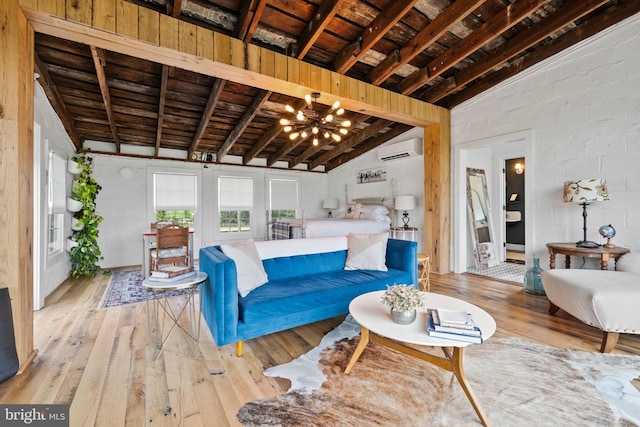 23350 Cedar Mountain Dr, Rapidan, VA 22733 - living room featuring a wall mounted AC, hardwood / wood-style floors, wood ceiling, and a chandelier