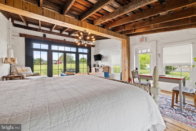 23350 Cedar Mountain Dr, Rapidan, VA 22733 - bedroom with wood finished floors, a chandelier, and wood ceiling with exposed beams