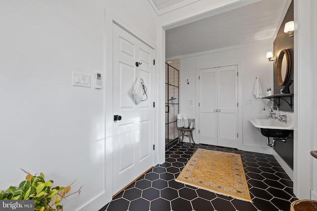23350 Cedar Mountain Dr, Rapidan, VA 22733 - full bath featuring a sink, a closet, a shower, baseboards, and tile patterned flooring