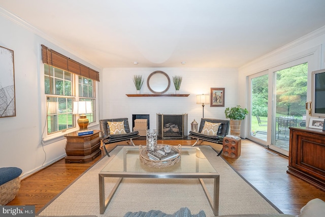 849 Milmar Rd, Newtown Square, PA 19073 - living room featuring plenty of natural light, crown molding, wood finished floors, and a brick fireplace