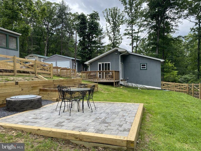 14 Johns Rd, Augusta, WV 26704 - view of yard with a wooden deck, a patio, outdoor dining space, and an outdoor structure