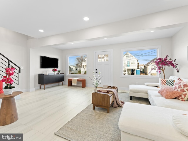 212 W 13th Ave, Wildwood, NJ 08260 - living area featuring stairs, recessed lighting, light tile patterned floors, and baseboards