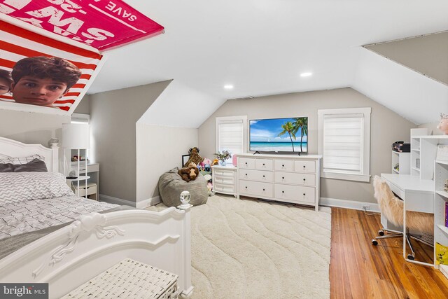 225 Wayne Ave, Lansdowne, PA 19050 - bedroom featuring wood finished floors, baseboards, vaulted ceiling, and recessed lighting
