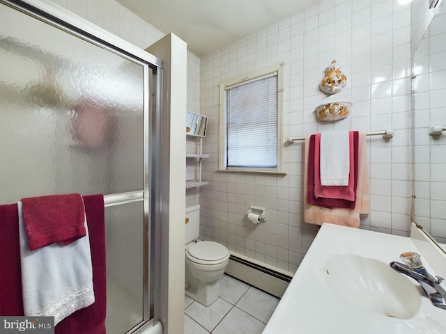 834 Amboy Ave, Edison, NJ 08837 - full bath with baseboard heating, tile walls, tile patterned floors, a stall shower, and toilet