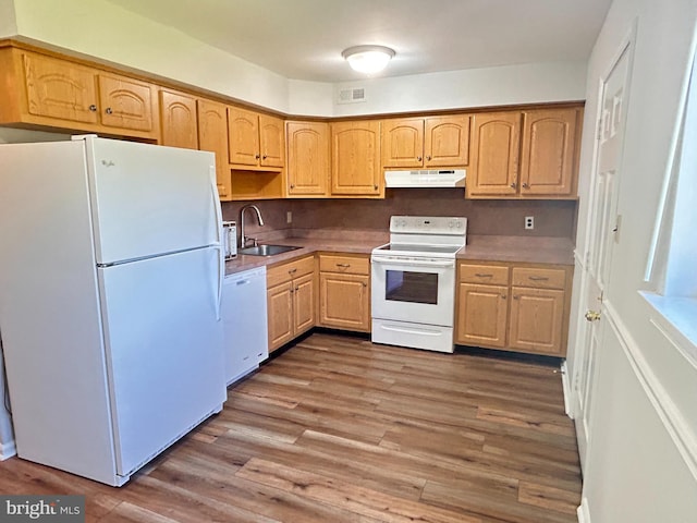 1006 N York Rd Unit 15, Willow Grove, PA 19090 - kitchen featuring white appliances, a sink, under cabinet range hood, light brown cabinetry, and wood finished floors