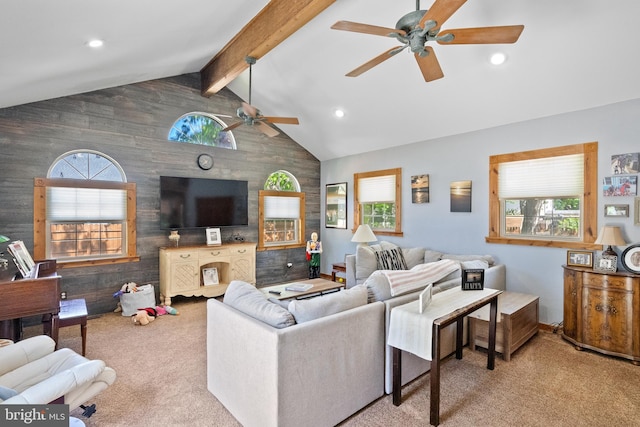 427 Tulip Ave, Absecon, NJ 08205 - living room featuring wooden walls, a ceiling fan, carpet flooring, recessed lighting, and an accent wall