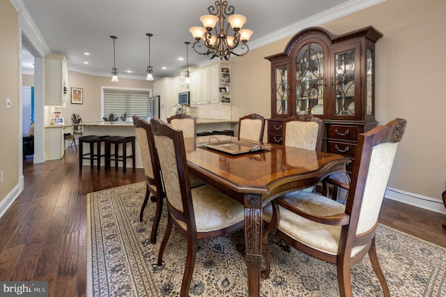 61 Grand Banks Cir, Marlton, NJ 08053 - dining space with baseboards, a chandelier, ornamental molding, dark wood-style flooring, and recessed lighting