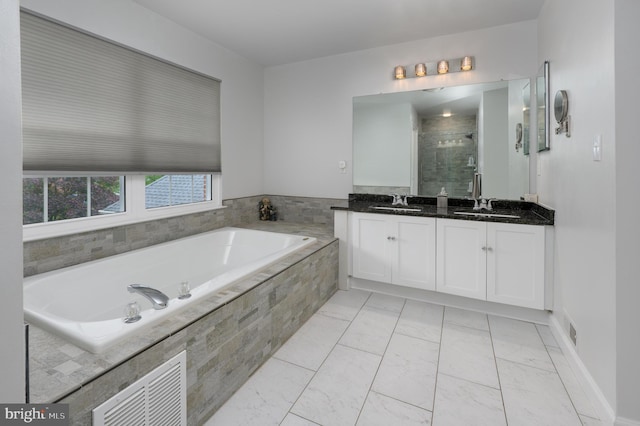 61 Grand Banks Cir, Marlton, NJ 08053 - full bathroom featuring marble finish flooring, a bath, double vanity, and a stall shower