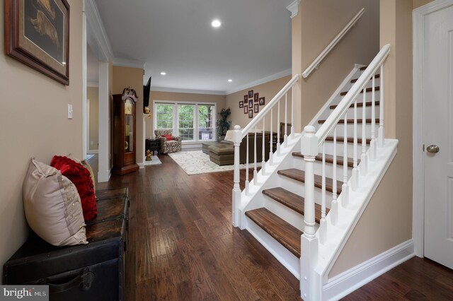61 Grand Banks Cir, Marlton, NJ 08053 - staircase with ornamental molding, wood finished floors, recessed lighting, and baseboards