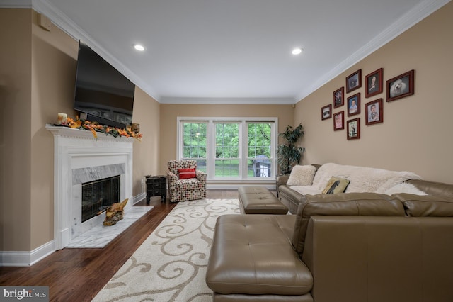 61 Grand Banks Cir, Marlton, NJ 08053 - living room with dark wood-style flooring, a fireplace, ornamental molding, recessed lighting, and baseboards