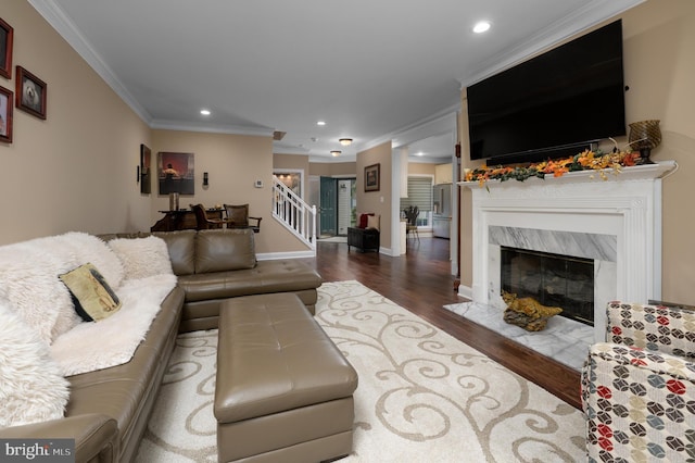 61 Grand Banks Cir, Marlton, NJ 08053 - living area with recessed lighting, wood finished floors, ornamental molding, a high end fireplace, and baseboards