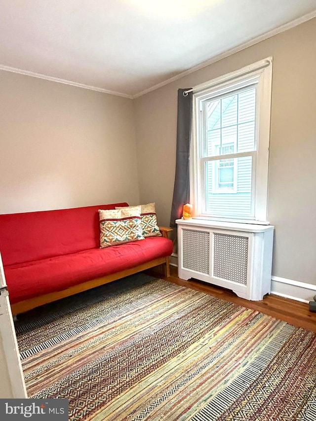 241 Edge Hill Rd, Glenside, PA 19038 - sitting room with radiator, wood finished floors, baseboards, and crown molding