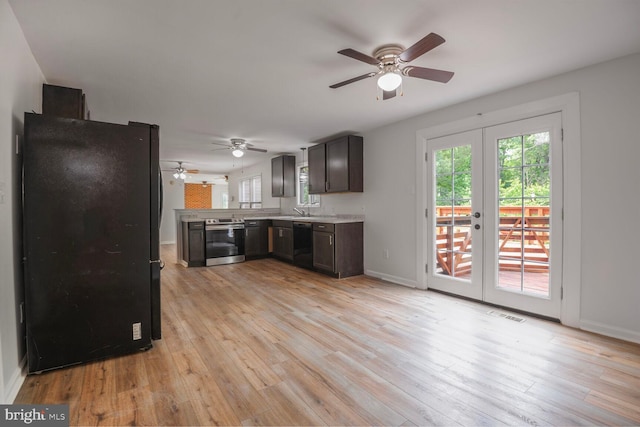 2605 Magdalene Acres Pl, Waldorf, MD 20603 - kitchen with black appliances, french doors, light countertops, a ceiling fan, and healthy amount of natural light