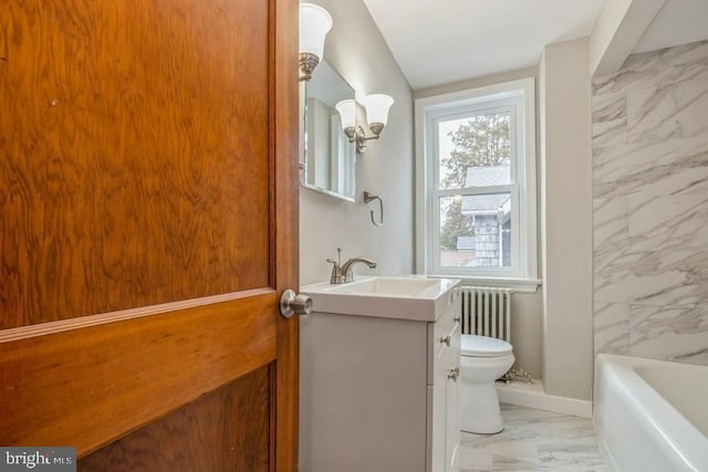 531 Jessamine Ave, Collingswood, NJ 08107 - bathroom featuring marble look tiles, vanity, toilet, radiator heating unit, and baseboards
