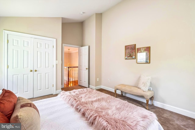 2227 N Albemarle St, Arlington, VA 22207 - carpeted bedroom with baseboards, a closet, and high vaulted ceiling