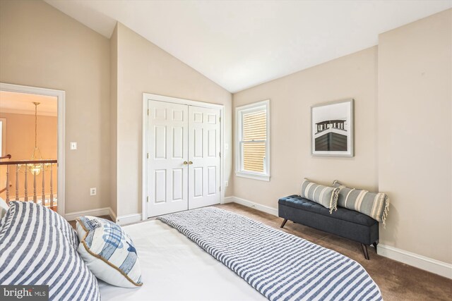 2227 N Albemarle St, Arlington, VA 22207 - bedroom with carpet flooring, baseboards, a closet, and vaulted ceiling
