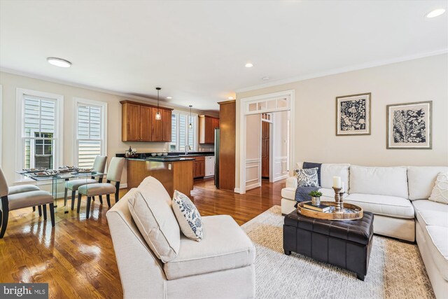 2227 N Albemarle St, Arlington, VA 22207 - living room featuring ornamental molding, wood finished floors, and recessed lighting