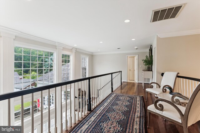 2740 Hunter Mill Rd, Oakton, VA 22124 - hallway with dark wood-style floors, recessed lighting, ornamental molding, and decorative columns