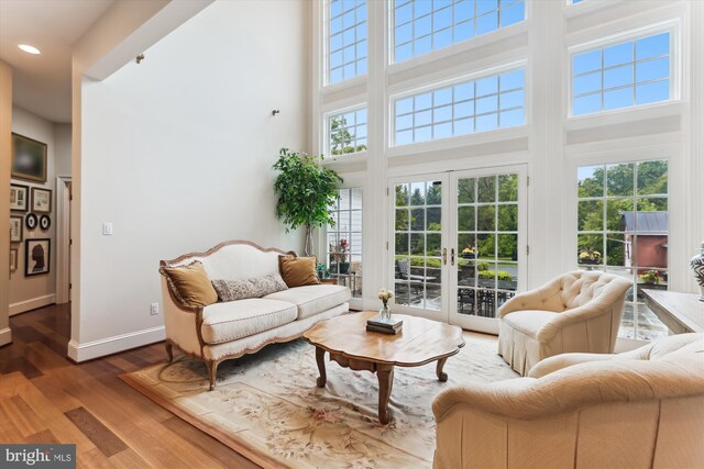 2740 Hunter Mill Rd, Oakton, VA 22124 - living area featuring french doors, a towering ceiling, wood finished floors, baseboards, and recessed lighting