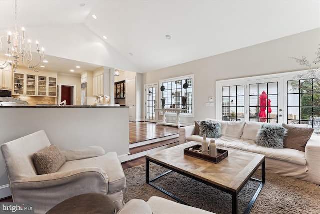 2740 Hunter Mill Rd, Oakton, VA 22124 - living area featuring a chandelier, recessed lighting, wood finished floors, and high vaulted ceiling