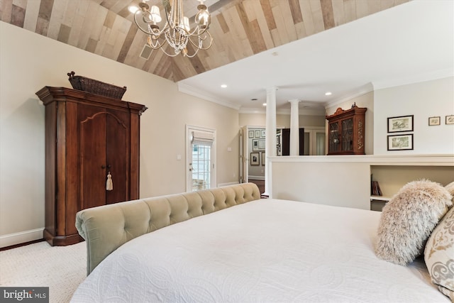 2740 Hunter Mill Rd, Oakton, VA 22124 - bedroom with decorative columns, recessed lighting, baseboards, a chandelier, and lofted ceiling