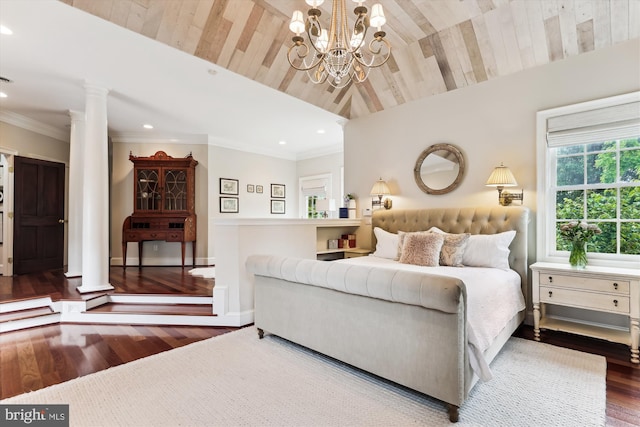 2740 Hunter Mill Rd, Oakton, VA 22124 - bedroom with ornate columns, wood finished floors, a chandelier, recessed lighting, and lofted ceiling