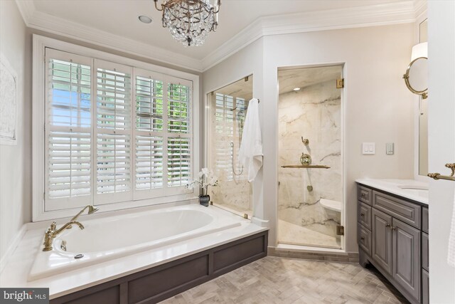 2740 Hunter Mill Rd, Oakton, VA 22124 - full bathroom featuring a garden tub, a marble finish shower, crown molding, vanity, and a chandelier